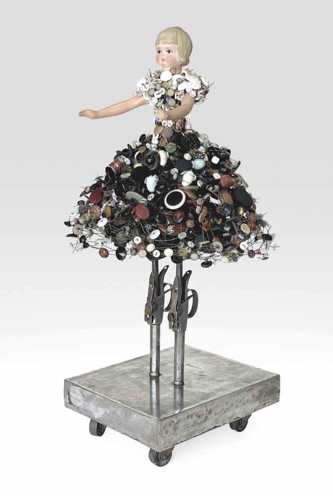 Karin Broker No Please No Girl, 2022 porcelain, buttons, wire, thimbles, animal figurines, antique pistols, steel base on wheels 23 x 11 x 12 inches