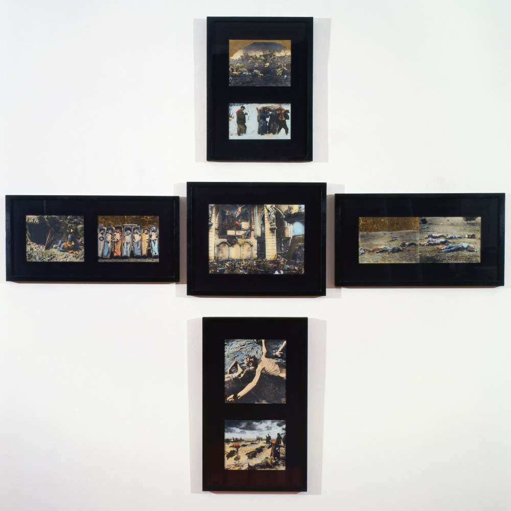 Elaine Reichek  Croix de Guerre, 1990 oil and gold leaf on gelatin silver prints 5 parts, overall 69 1/2 x 74 inches
