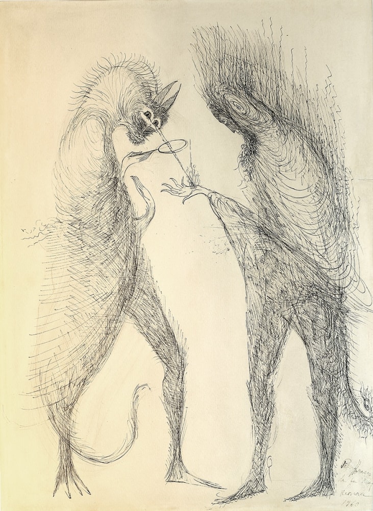 Leonora Carrington  Dos personajes con lupa (Two Figures with Loupe_, 1960 ink on paper 20 x 14 3/4 inches