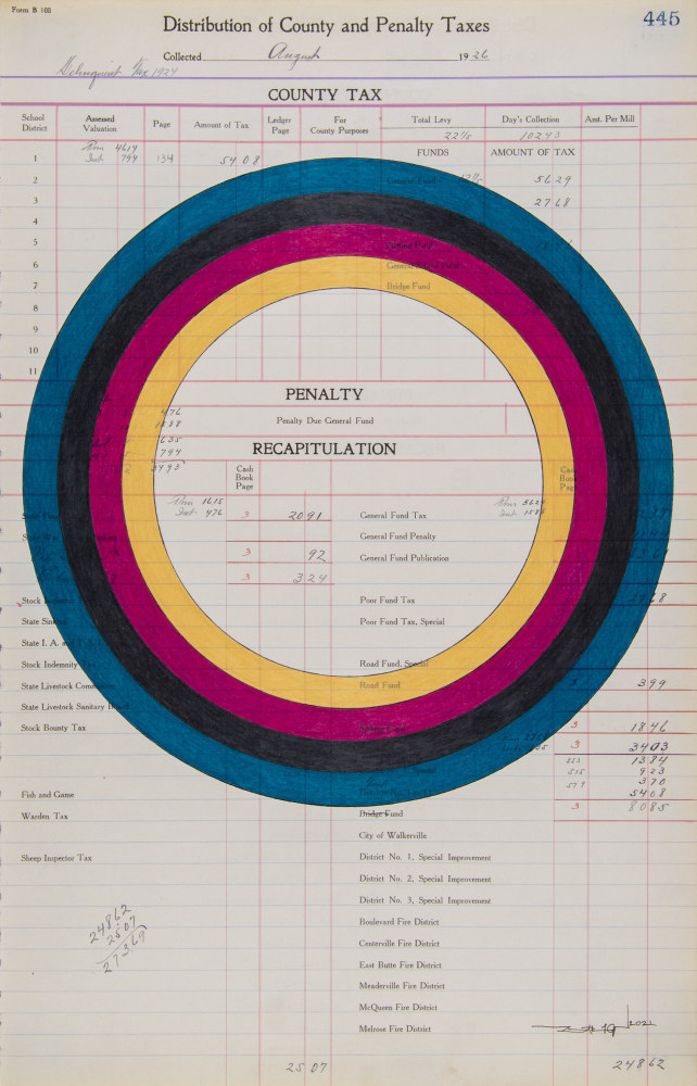 Terran Last Gun  Observing the Calendar Rings, 2021 ink and colored pencil on antique ledger paper (dated 1926) paper: 17 3/4 x 11 3/8 inches frame: 21 1/4 x 15 x 1 1/4 inches