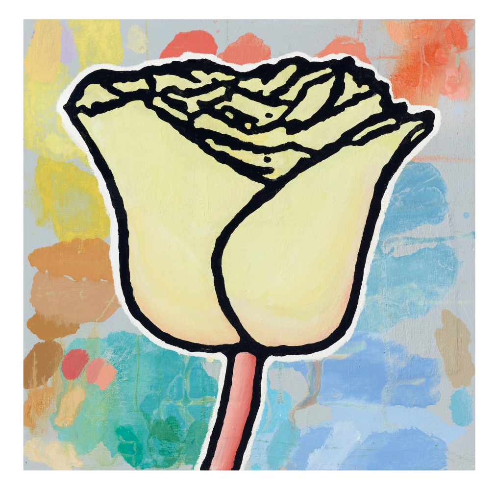 Donald Baechler Collector of Cures, 2020 acrylic and fabric collage on canvas 24 x 24 inches