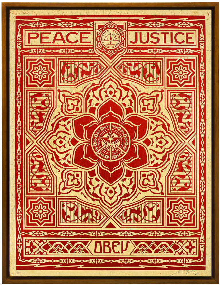 Shepard Fairey Peace and Justice (Red), 2012 silkscreen on wood panel 24 x 18 inches  Edition 4 of 6  Donation courtesy of the artist and Subliminal Projects
