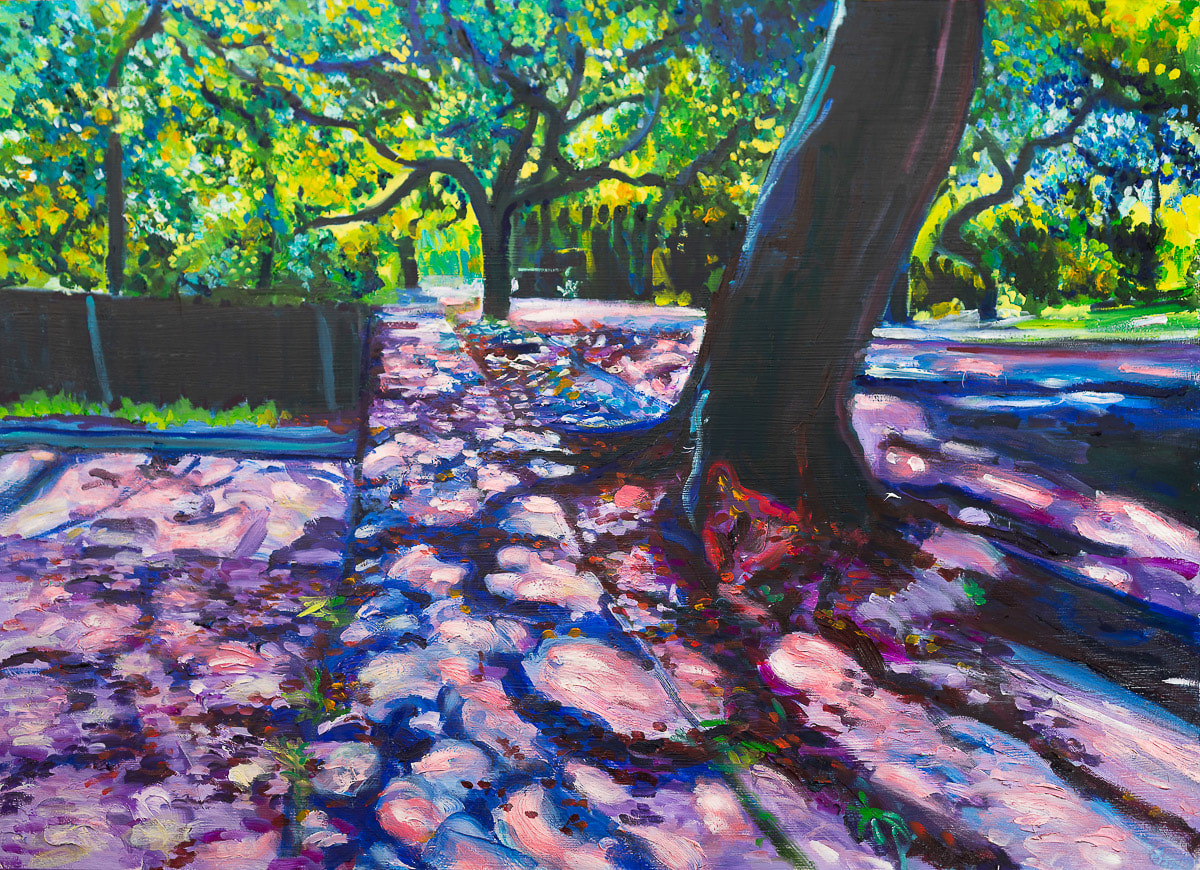 Margaret García  Living in the Shadows, 2022  oil on wood panel  30 x 40 inches