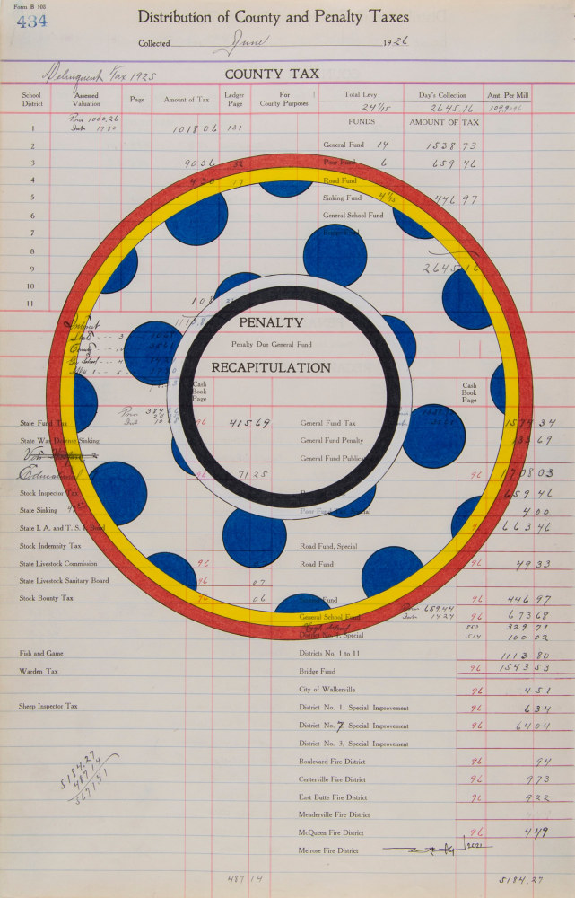 Terran Last Gun  Cosmic Dream World, 2021 ink and colored pencil on antique ledger paper (dated 1926) paper: 17 3/4 x 11 3/8 inches frame: 21 1/4 x 15 x 1 1/4 inches