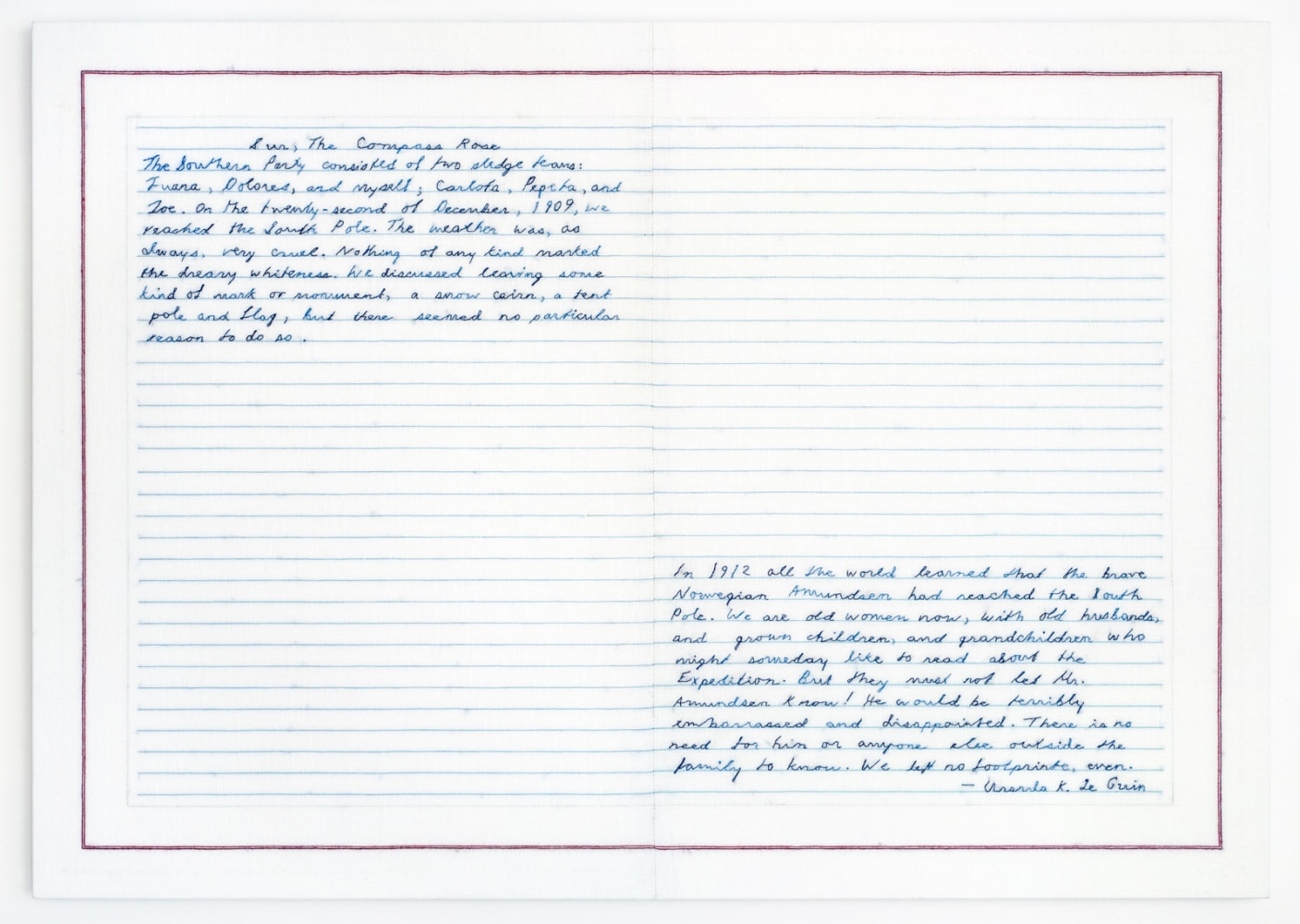 Elaine Reichek  The Southern Party (Le Guin), 2016-17  hand embroidery on linen  26 x 36 3/4 inches