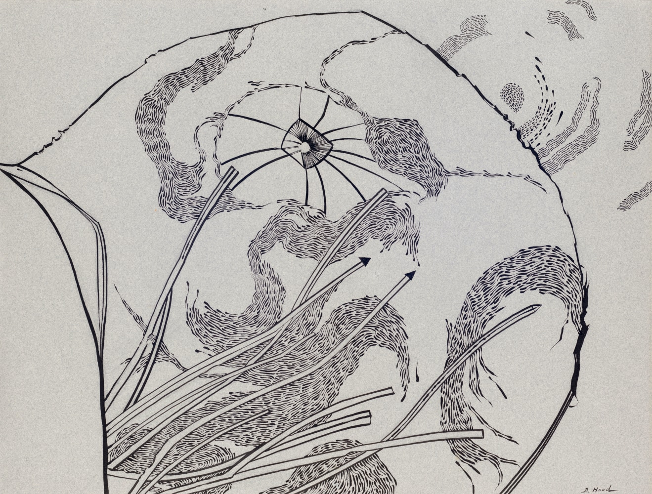 Dorothy Hood  Cosmic Eye of the Little Bird, c. 1970 ink on paper paper: 19 x 25 1/2 inches frame: 25 7/8 x 32 5/8 inches