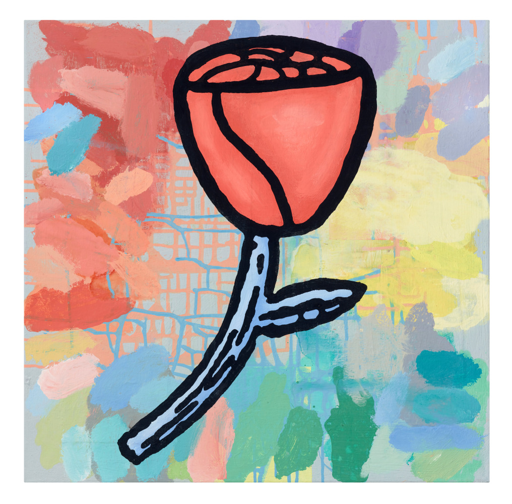 Donald Baechler Remedy of Anything, 2021 acrylic and fabric collage on canvas 24 x 24 inches