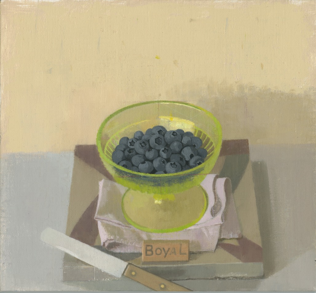 Susan Jane Walp
Blueberries in a Green Dish with Cork and Knife, 2020
oil on linen
10 5/8&amp;nbsp;x 11 3/8&amp;nbsp;inches
(27 x 28.7 cm)