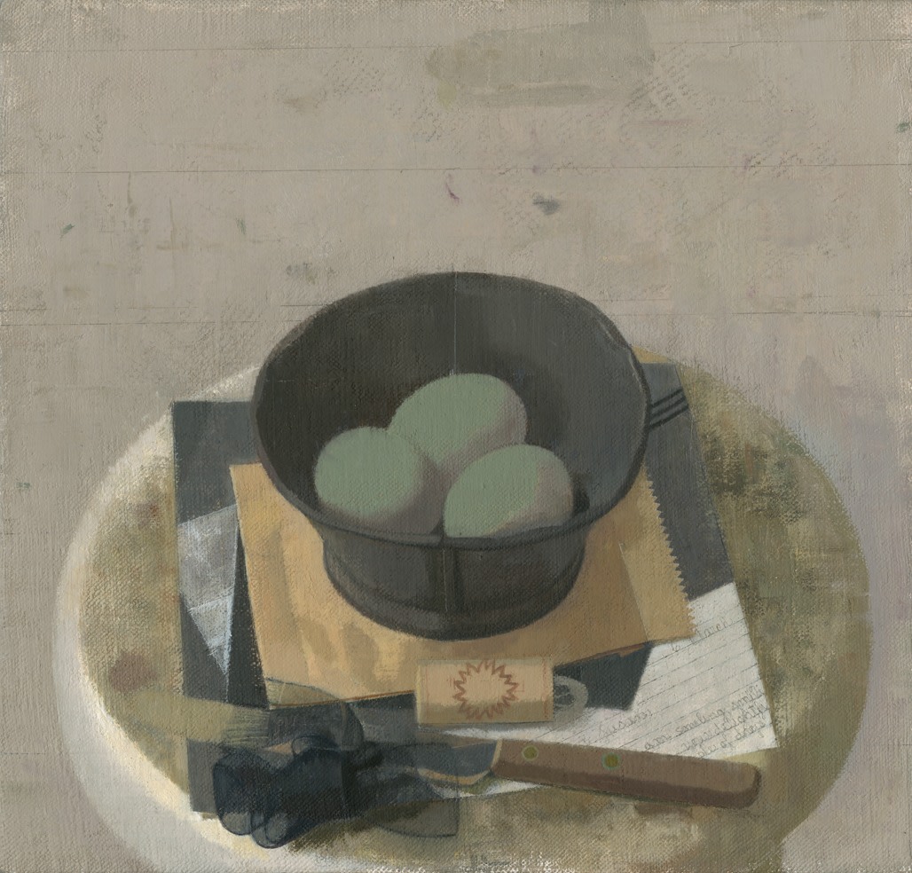 Susan Jane Walp
Three Eggs in a Tin Bowl with Knife, Cork and Black Ribbon, 2020
oil on linen
11 1/8&amp;nbsp;x 11 5/8&amp;nbsp;inches
(28.3 x 29.5 cm)