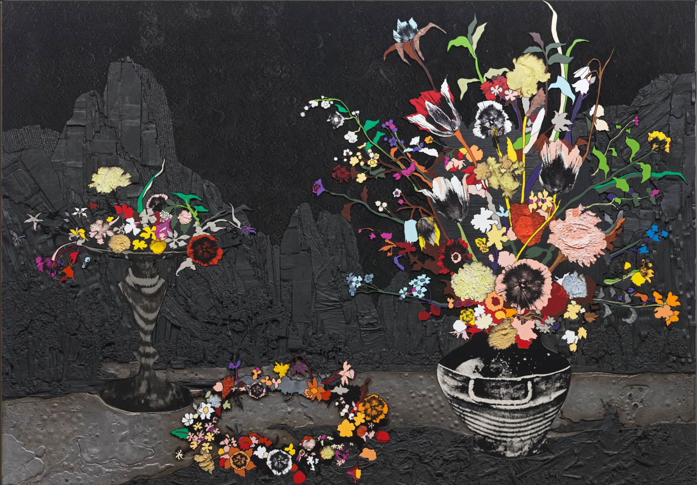 Matthew Day Jackson
Still Life in Nature,&amp;nbsp;2018
Scorched wood, twine, rope, Formica, silkscreen, acrylic paint on epoxy resin with fiberglas cloth, HDPE, lead on panel, stainless steel frame
68 5/8 x 97 1/2 x 2 inches

$185,000