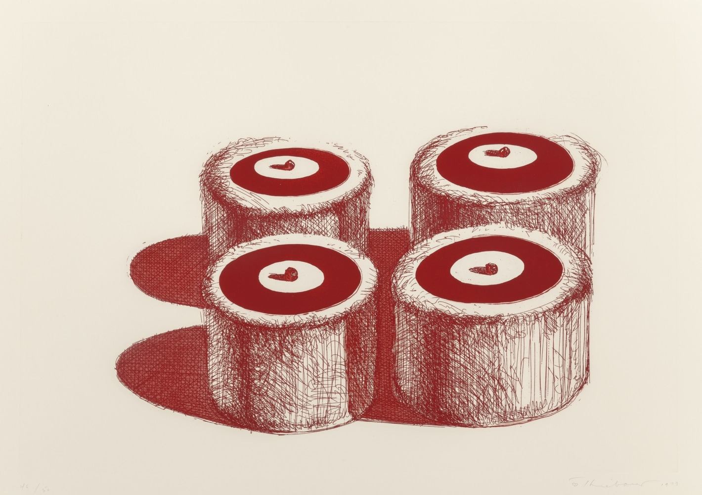 Cherry Cakes,&amp;nbsp;from&amp;nbsp;Recent Etchings II,&amp;nbsp;1979
Etching and aquatint
Plate: 16 1/4 x 23 3/4 inches
Sheet: 22 1/2 x 29 3/4 inches
Edition of 50

$10,000