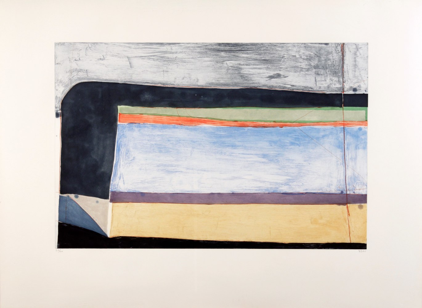 Richard Diebenkorn
Indigo Horizontal, 1985
Color soapground and spit bite aquatints with drypoint
Plate: 24 x 36 inches
Sheet: 35 3/4 x 49 inches
Edition of 50&amp;nbsp;
&amp;copy; Richard Diebenkorn Foundation