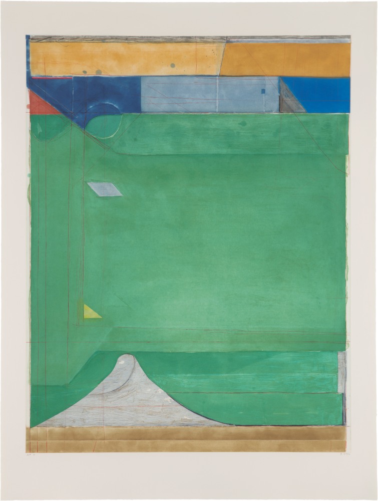 Richard Diebenkorn
Green, 1986
Color spit bite aquatint with soft ground aquatint and drypoint
Plate: 45 x 35 1/4 inches
Sheet: 53 3/4 x 41 1/2 inches
Edition of 60&amp;nbsp;
&amp;copy; Richard Diebenkorn Foundation