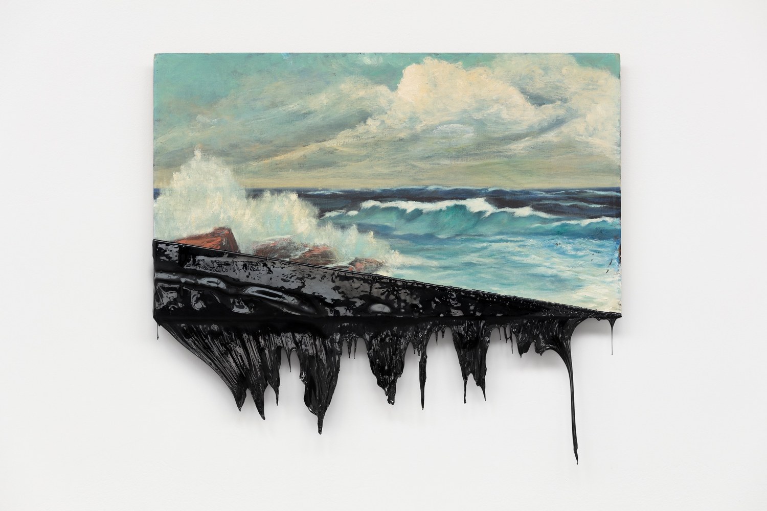 minerva cuevas, paysage marin, 2020. oil on canvas dipped in chapopote, 26.38 x 29.92 x 1.77 in.