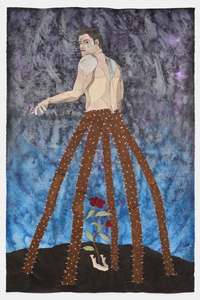 emerging in difference, 2022. ink, graphite, glitter, interference powder, twine, acrylic, and cut paper on paper. 78 3/4 x 51 1/2 inches