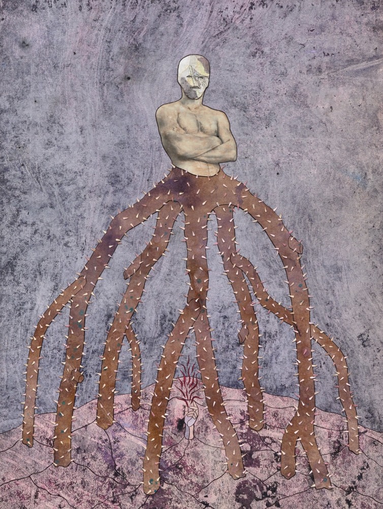 the self must create its own reason for being, 2022. ink, acrylic, varnish, glitter, graphite, and cut paper on panel. 24 x 18 inches