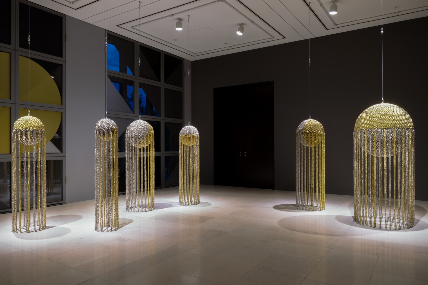 quasi-pagan serial, 2016

steel frame, metal grid, powder coating, brass plated bells, nickel plated bells, metal rings, steel wire

variable dimensions

installation view at hamburger kunsthalle, hamburg, 2016
photo: kay riechers, 2016

&amp;nbsp;