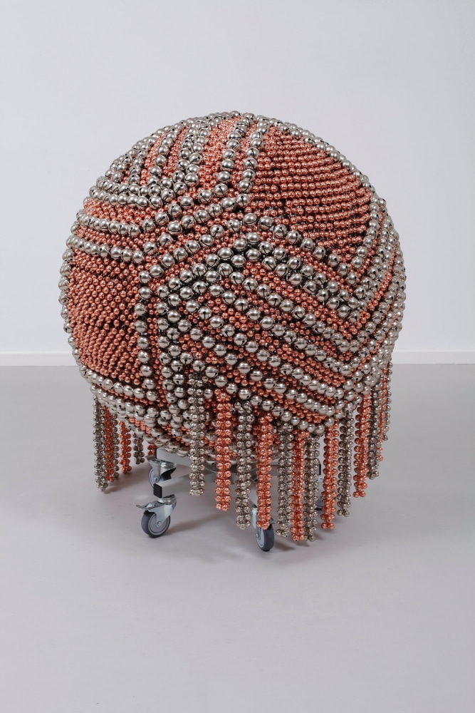 sonic sphere &amp;ndash; diagonally-ornamented copper &amp;nbsp;and nickel, 2015

steel stand, metal grid, powder coating, casters, nickel plated bells, copper plated bells, metal rings

38.98 x 32.28 x 32.68 in.