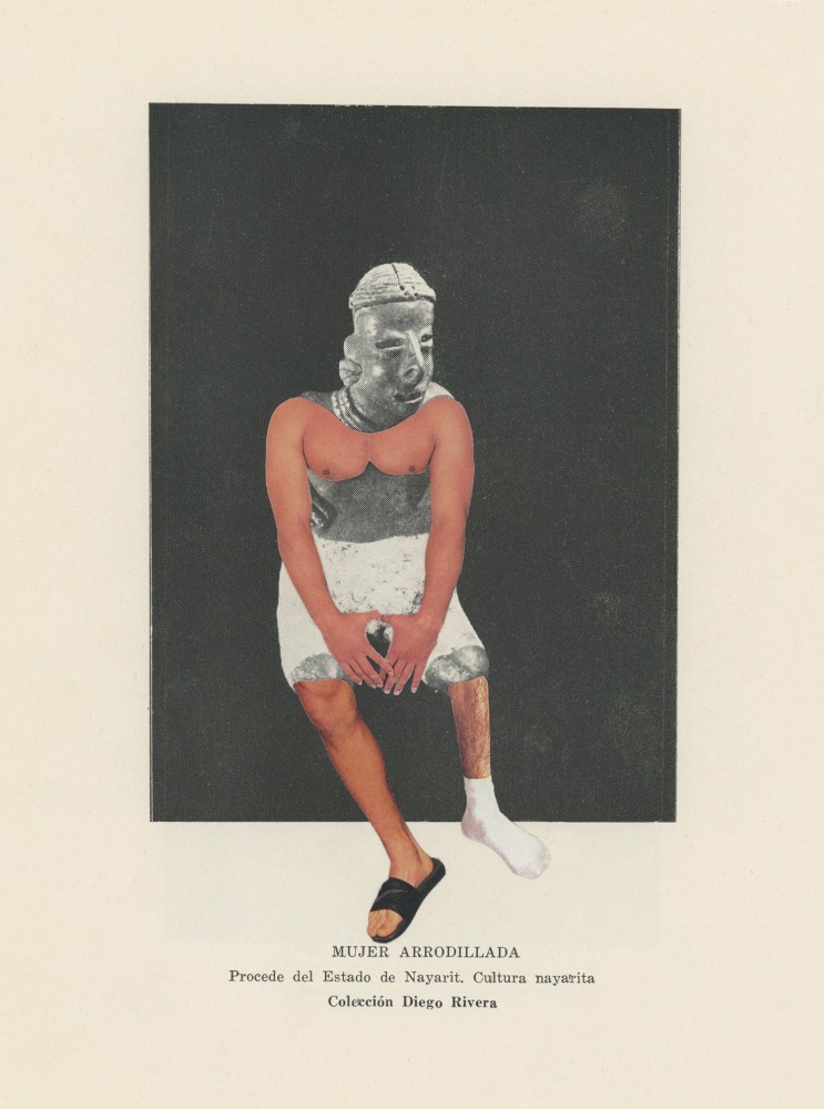 mujer arrodillada (gente del occidente de m&amp;eacute;xico), 2017-2019. collage on paper. 8 3/4 x 6 3/8 inches