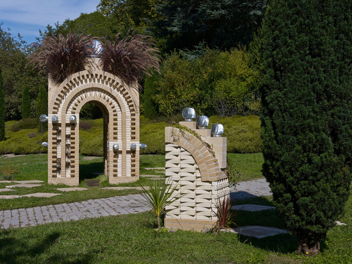 an opaque wind park in six folds, 2016

clay, bricks, mortar, aluminum turbine vents, steel, soil, stone, cork, various plants

site-specific installation, sonae | serralves commission

installation view, serralves museum of contemporary art, porto, portugal, 2016
photo: filipe braga, 2016

&amp;nbsp;