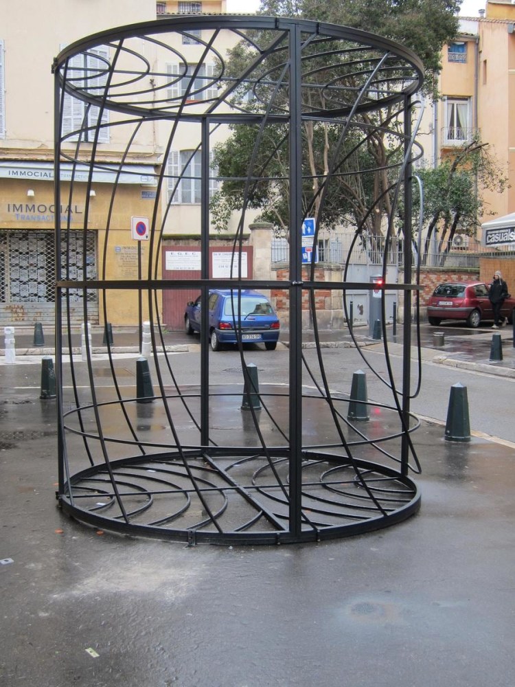 personal cage 3, 2013

welded and forged steel, matte black automotive paint

98.43 in.&amp;nbsp;diameter

&amp;nbsp;