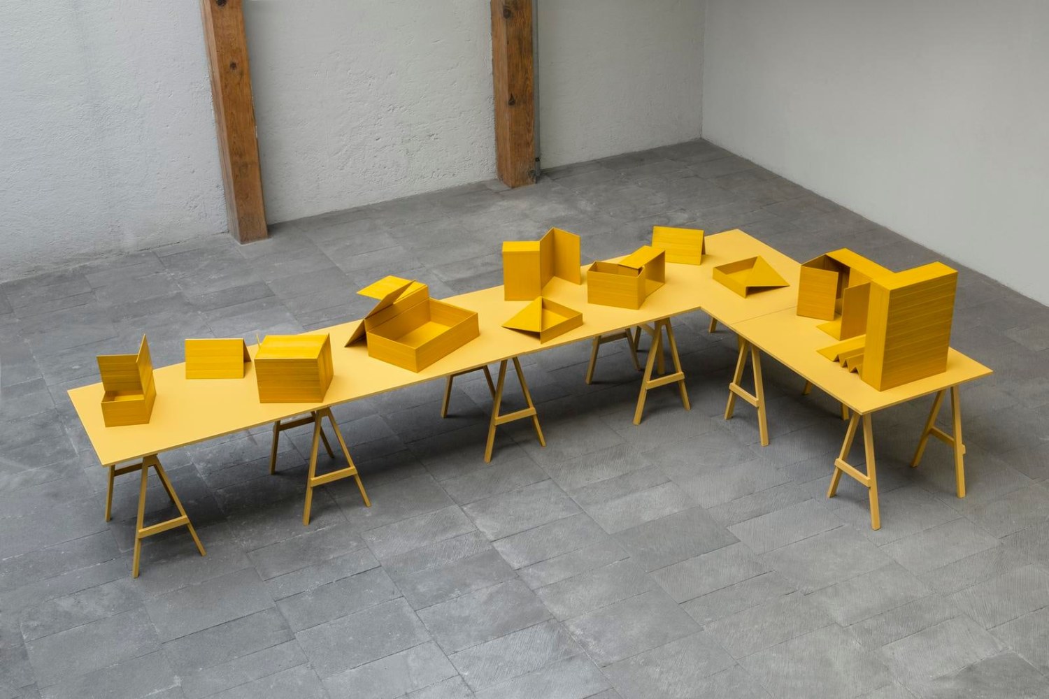 untitled (el sol despu&amp;eacute;s de national geographic), 2012

set of 9 wooden boxes, yellow acrylic painting and fabric hinges

53.94 x 177.17 x 94.49 in.

&amp;nbsp;

&amp;nbsp;