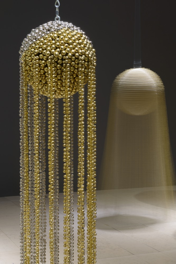 sonic half moon type I &amp;ndash; tiny regular #5, 2016

63.7&amp;nbsp;x 13.3&amp;nbsp;x 13.3 in.

powder-coated steel frame, powder-coated metal grid, steel wire rope, brass and nickel plated bells, metal rings
installation view of quasi-pagan serial,hamburger kunsthalle, hamburg, 2016
photo: kay riechers, 2016