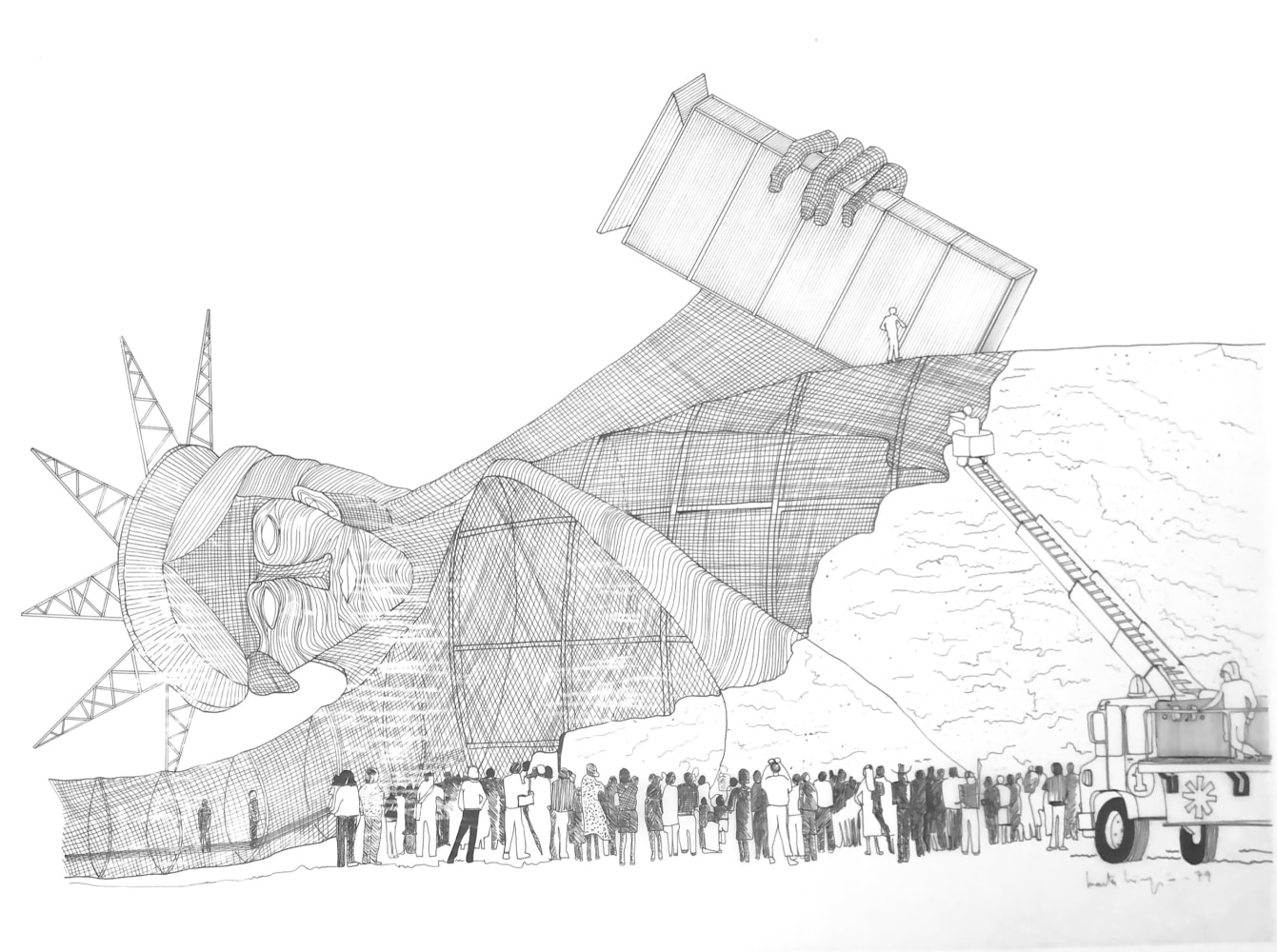 la estatua de la libertad recubierta de hamburguesas (statue of liberty covered with hamburgers), 1979. ink on paper vellum. 31 1/2 x 431/2 in (80 x 110.5 cm). solomon r. guggenheim museum, new york. &amp;copy; marta minuj&amp;iacute;n