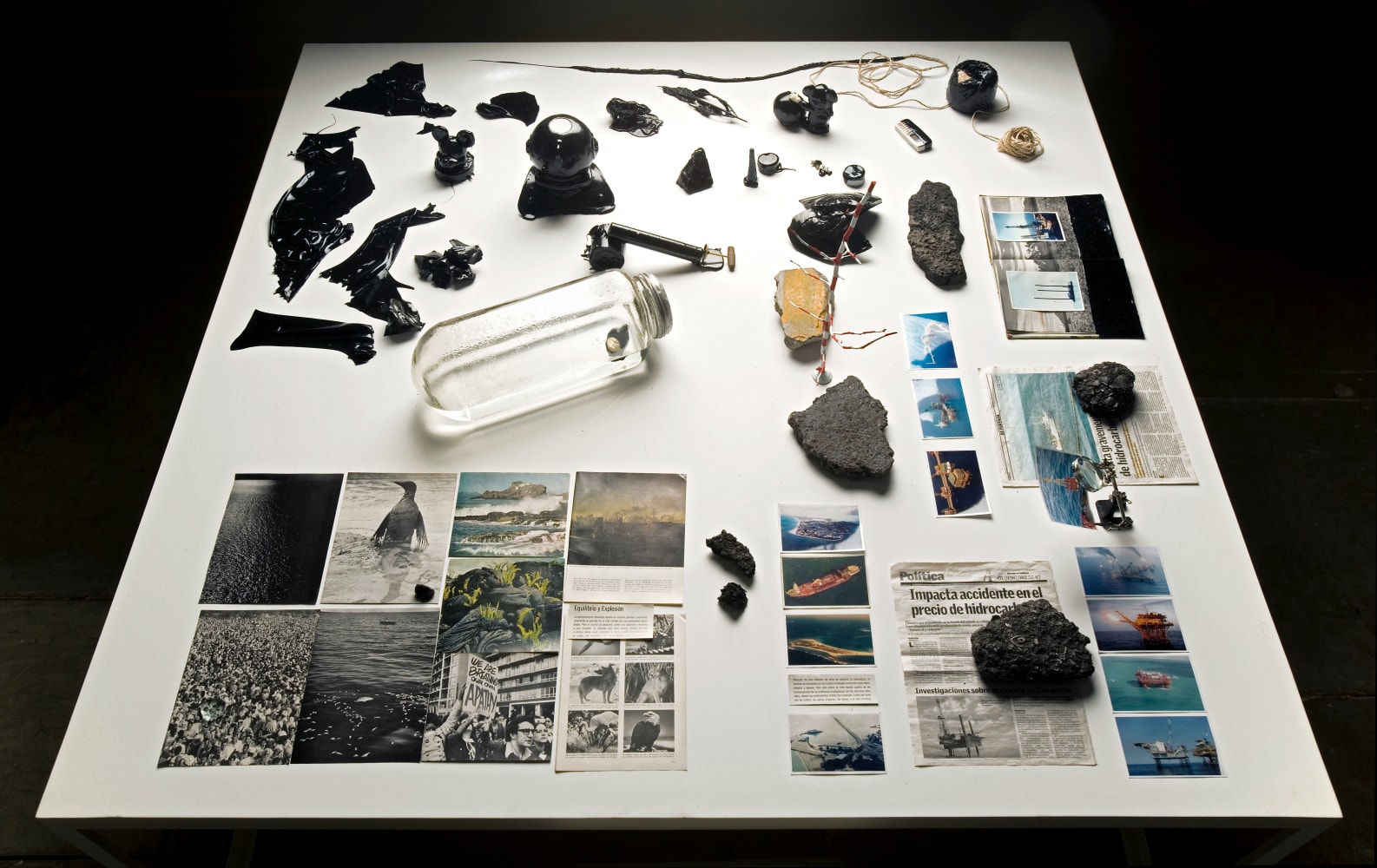 de la serie hidrocarburos, 2007
documentaci&amp;oacute;n de investigaci&amp;oacute;n, lupas, cuatro fragmentos de asfalto, dos fragmentos de chapopote con incrustaciones marinas, un fragmento de concreto, objetos cubiertos con chapopote, siete piezas de chapopote s&amp;oacute;lido, goteo de chapopote solidificado.

mesa: 82 x 200 x 200 cm&amp;nbsp;

detalle

&amp;nbsp;

&amp;nbsp;