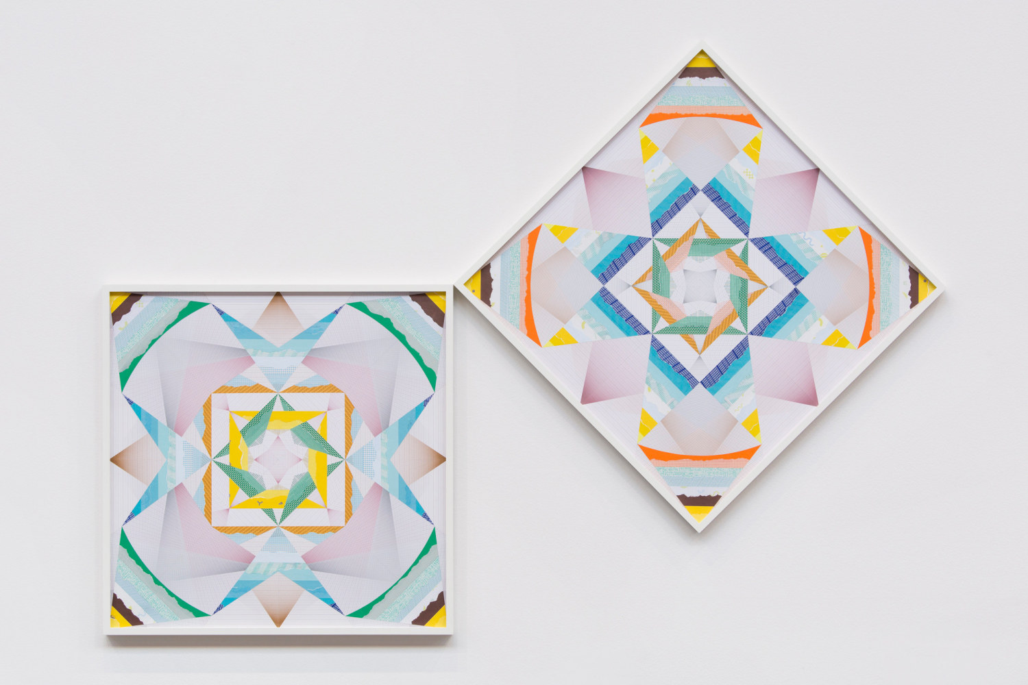 kaleidoscopic tipping over &amp;ndash; trustworthy #243, 2015
various envelope security patterns, graph paper, framed, 2 pieces
28.43 x 28.43 in.&amp;nbsp;each