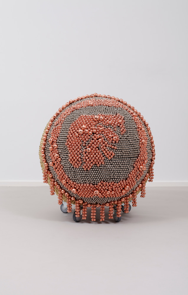 sonic sphere &amp;ndash; two worlds in golden ocean, 2015

steel stand, metal grid, powder coating, casters, brass plated bells, nickel plated bells, copper plated bells, metal rings

33.86 x 31.89 x 32.68 in.