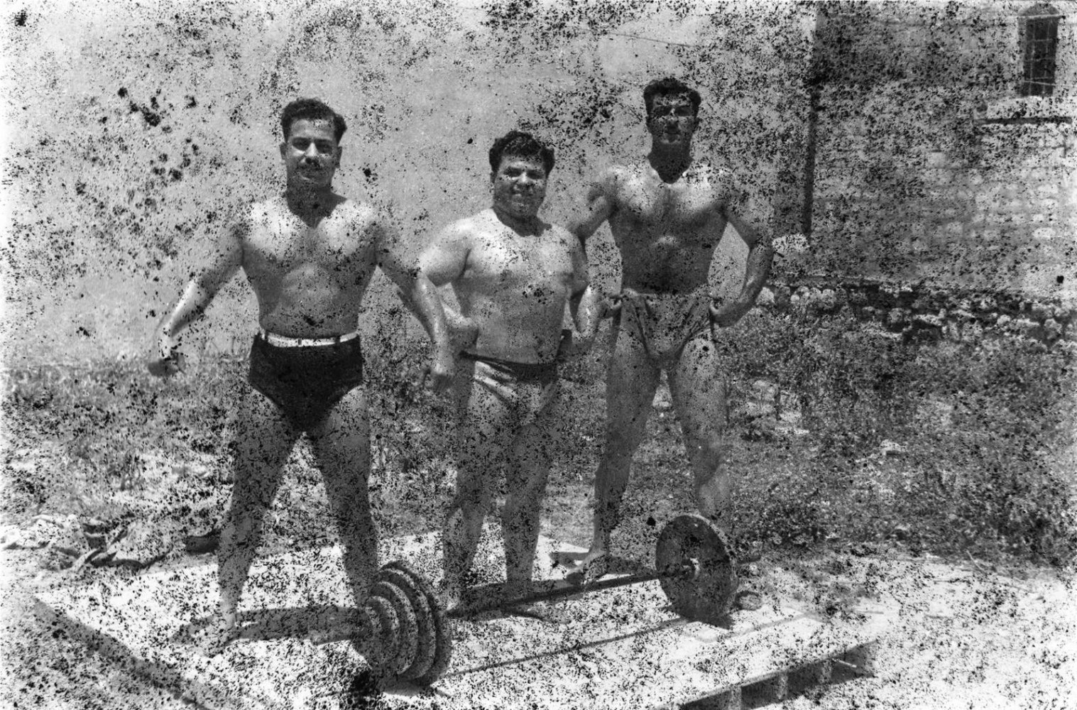 bodybuilders, 2011
printed from a damaged negative showing from left to right: hassan al aakkad, munir el dada, and mahmoud el dimassy in saida, 1948
digital print
70.9 x 57.1 in.

&amp;nbsp;

&amp;nbsp;

&amp;nbsp;