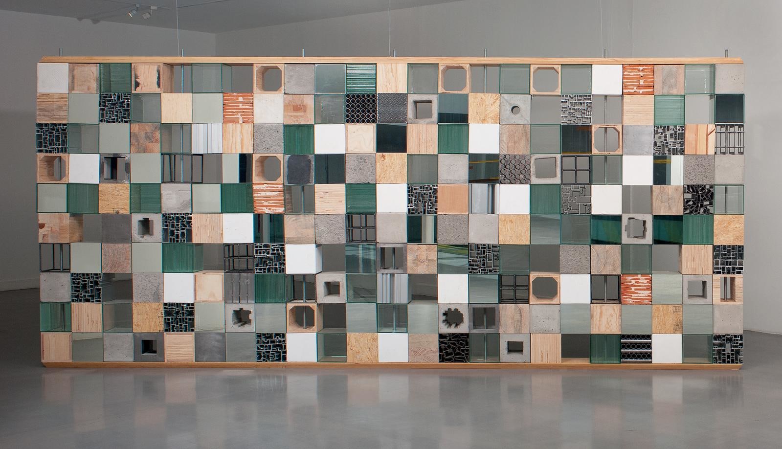 muro de construcci&amp;oacute;n, 2011

wood, metal, plaster, cement, stone, glass, mirror, ironworks, brick

installation: 78.74 x 188.98 x 7.87 in.; 7.87 x 7.87 x 7.87 in.&amp;nbsp;each cube&amp;nbsp;

&amp;nbsp;