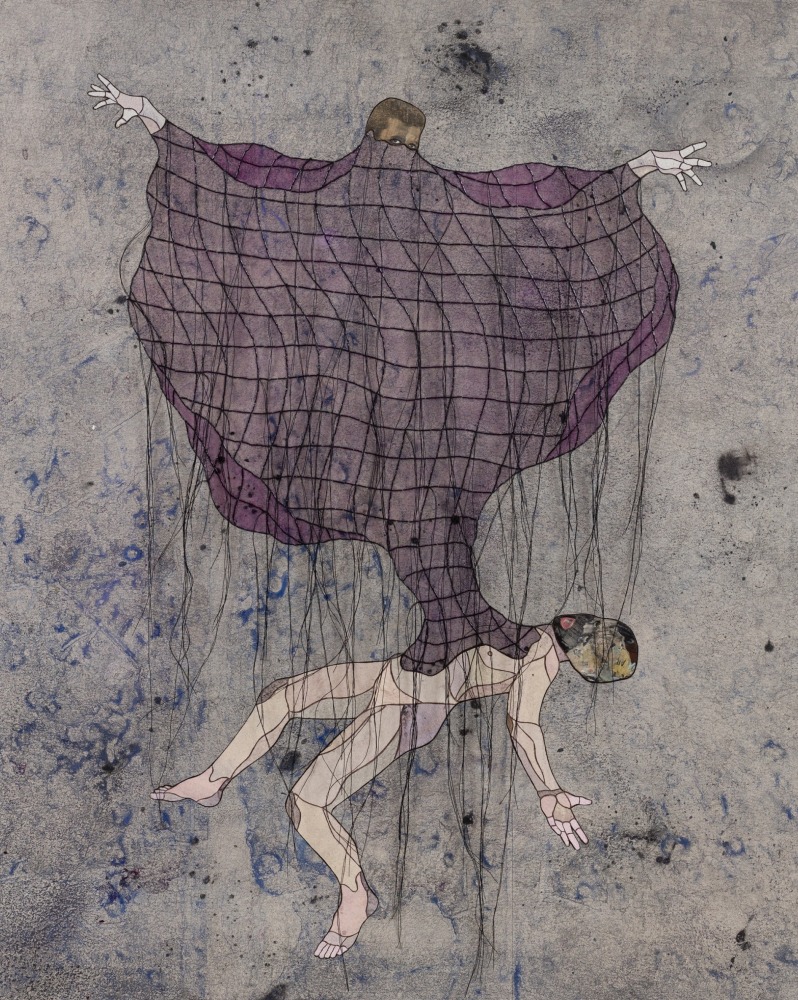 unrecognizable form, refusing to be governed, 2022. ink, embroidery, acrylic, graphite, varnish, and cut paper on panel. 20 x 16 inches