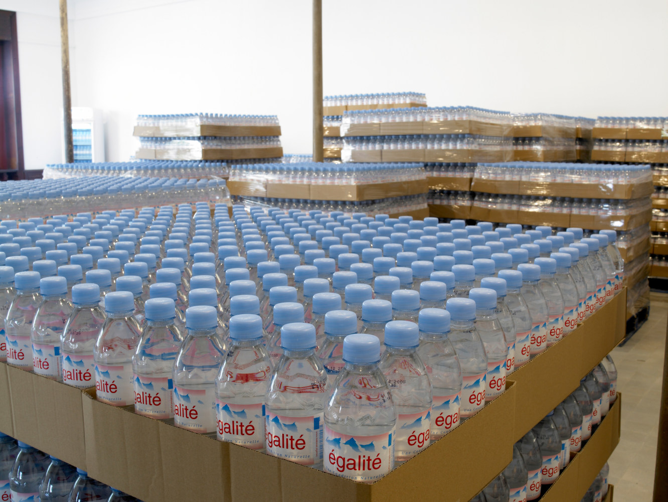 &amp;eacute;galit&amp;eacute;, 2004
pintura acr&amp;iacute;lica en la pared, 1,080 botellas de agua con etiqueta alterada

dimensiones variables

detalle