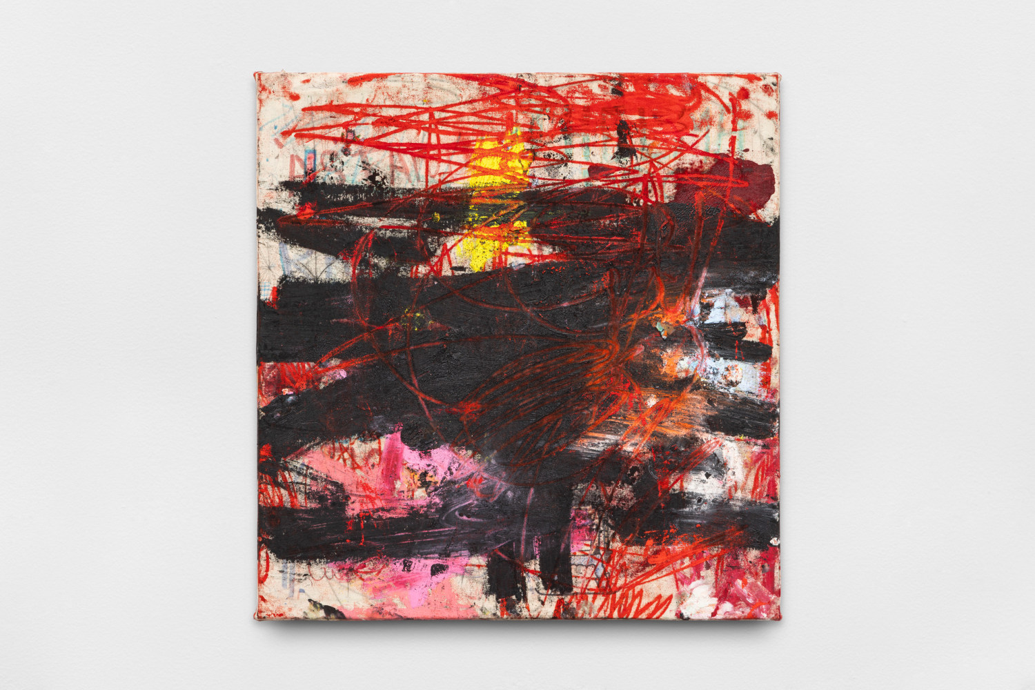 telegram, 2013-2024, &amp;oacute;leo, barra de &amp;oacute;leo, bol&amp;iacute;grafo, pluma estilogr&amp;aacute;fica, grafito, rotulador, marcador fluorescente, rotulador permanente, pintura, l&amp;aacute;piz de colores, grapas, pigmentos naturales, residuos y otros, t&amp;eacute;cnica mixta sobre lienzo, 67 x 64 cm&amp;nbsp;