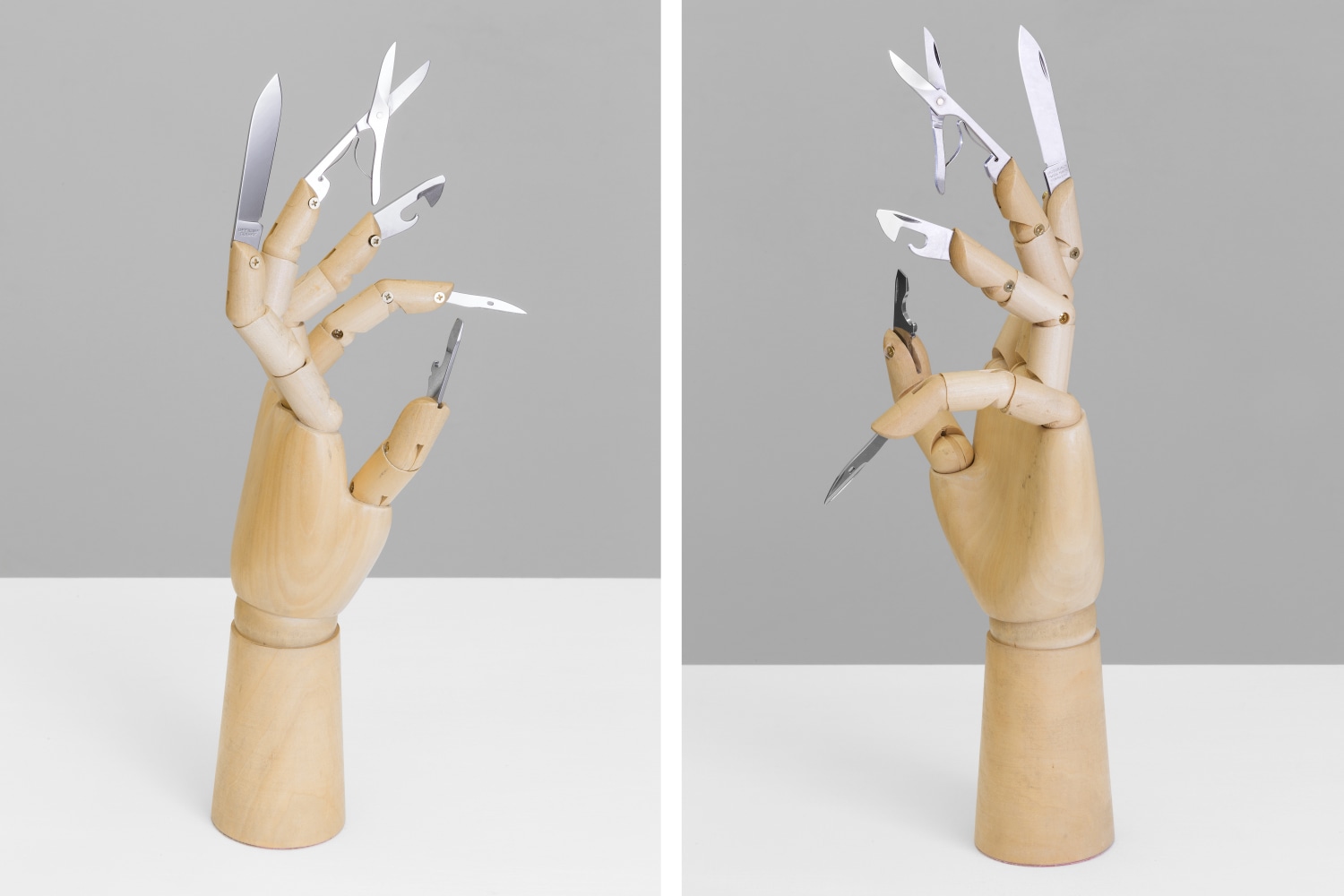 transici&amp;oacute;n del mono al hombre, 2015

wooden hand model and steel knives

14.57 x 4.72 x 2.36 in.