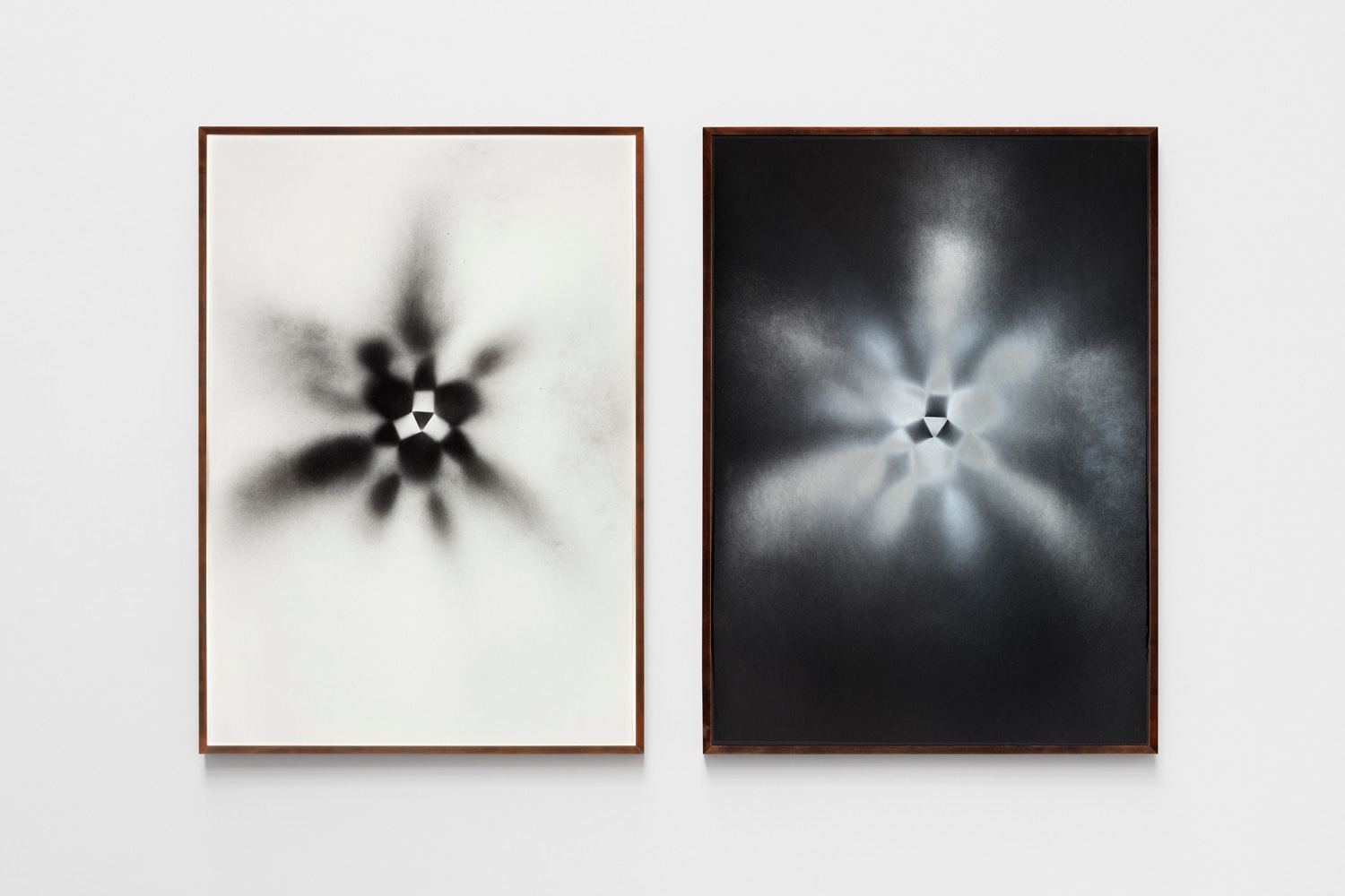 non-foldings&amp;ndash;cosmic explosion #6, 2012, spray paint on paper, framed

48.43 x 34.45 in each

50.16 x 36.14 in each framed