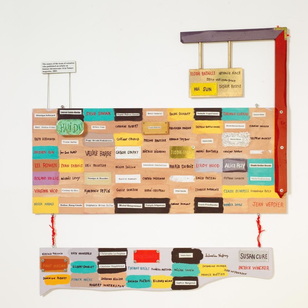the names of the team of scientists who submitted an article on the human chromosome 14 in nature magazine, february, 2003

t&amp;eacute;cnica mixta

&amp;nbsp;

130 x 100 cm

&amp;nbsp;