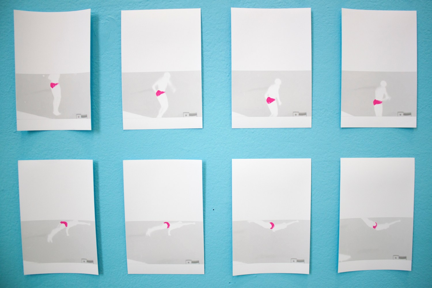 In this picturesque and storied country II, 2021; hand-intervened film stills mounted on a wall, inkjet and watercolor on opaline paper, variable dimensions installed (detail)