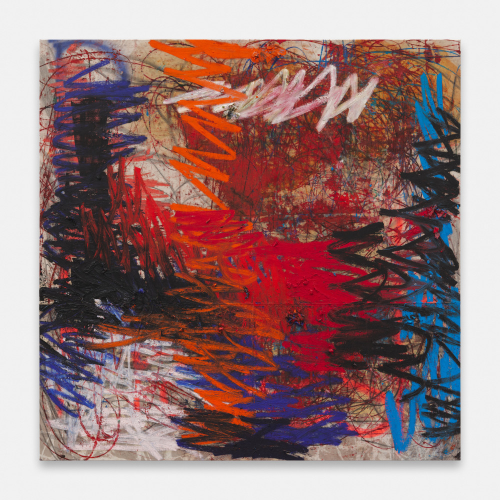 manifestation, 2023-2024, &amp;oacute;leo, barra de &amp;oacute;leo, pintura en aerosol, tierra y grafito sobre lienzo y lino,&amp;nbsp;270 x 270 cm&amp;nbsp;