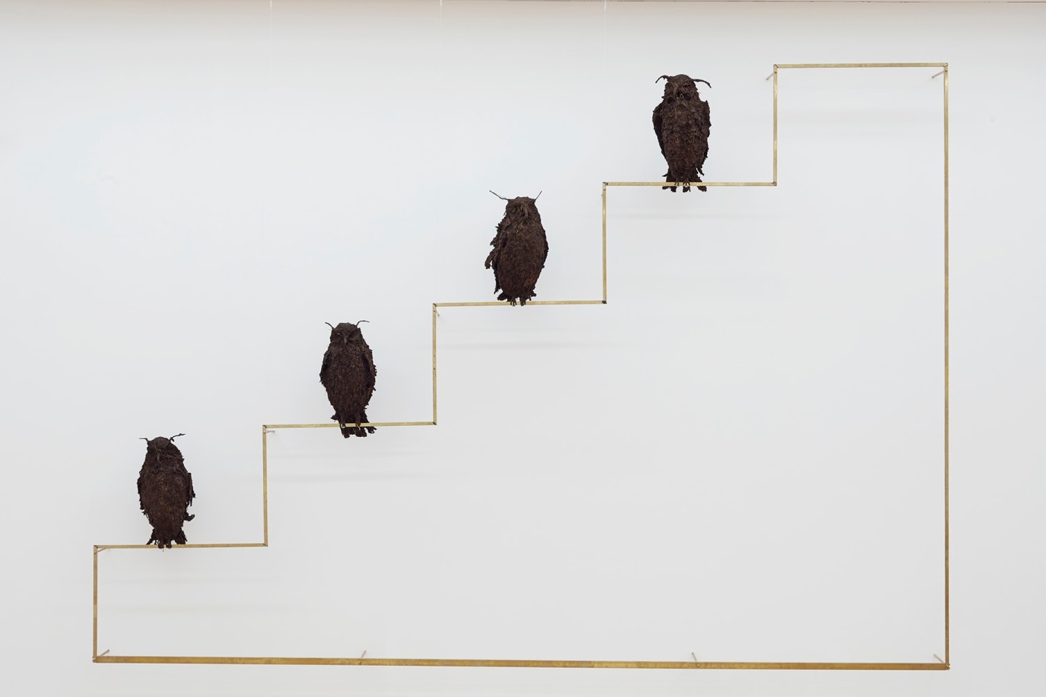 poisoned by men in need of some love (quattuor bubo bubo), 2013

cuatro b&amp;uacute;hos hechos de acero, esti&amp;eacute;rcol, tierra, pegamento, estructura de lat&amp;oacute;n

instalaci&amp;oacute;n completa aproximadamente: 400 x 350 x 50 cm