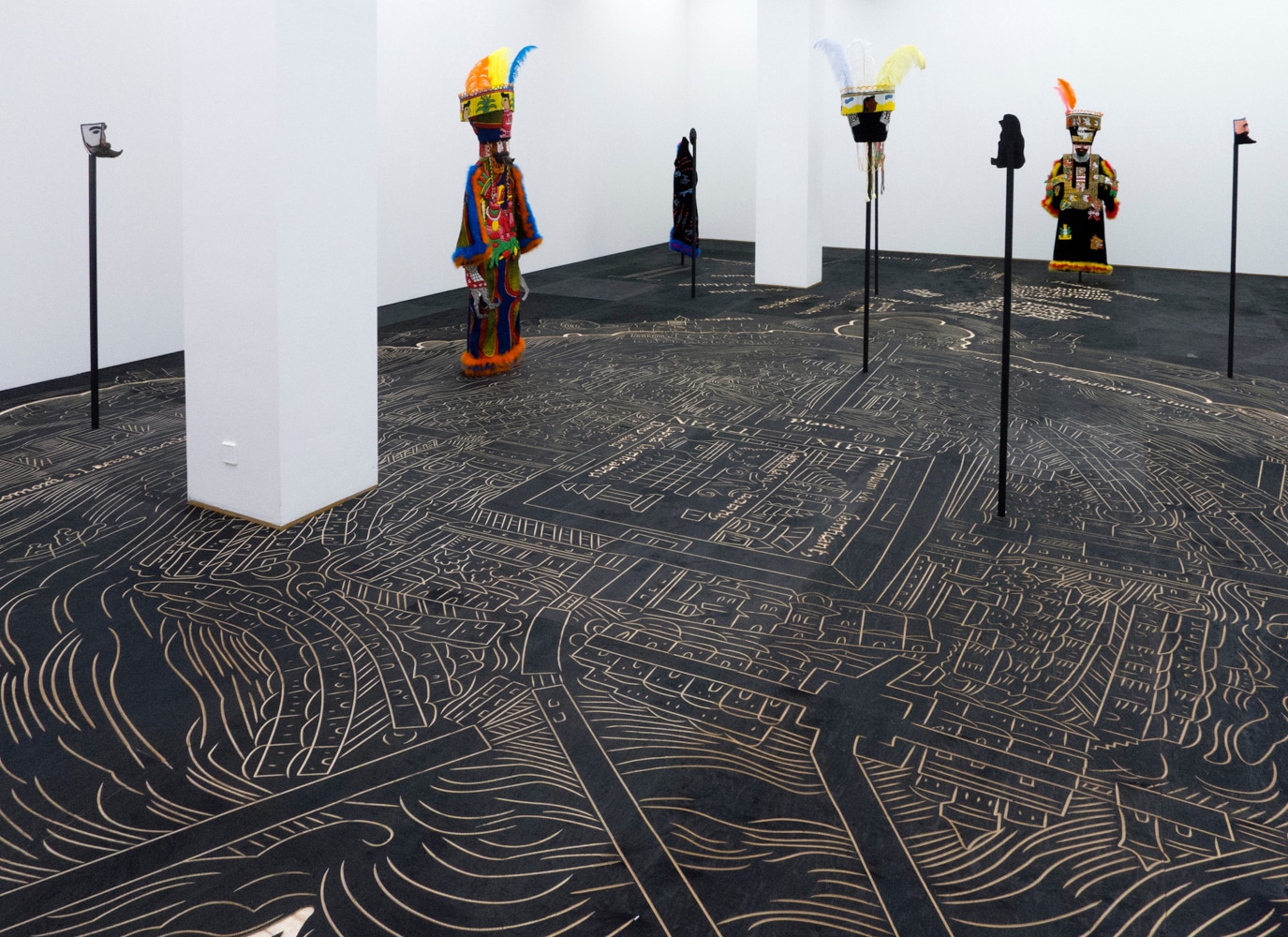 nuremberg map of tenochtitlan, 2013
woodcut with a cnc router, costumes, embroideries, masks
590.5&amp;nbsp; x 374.01 in

&amp;nbsp;

&amp;nbsp;