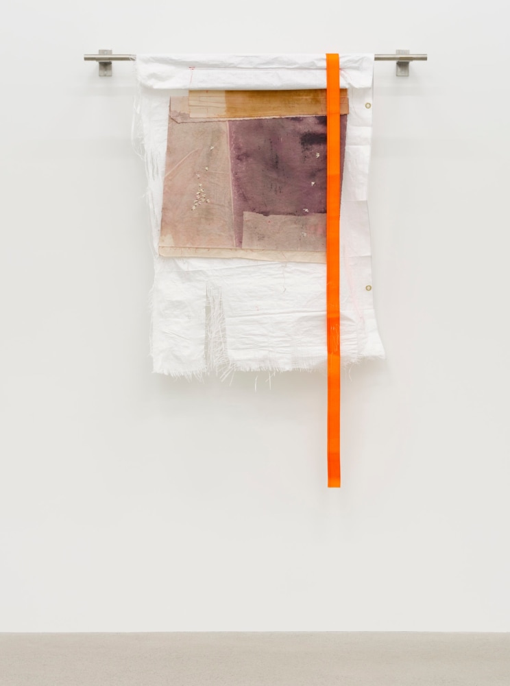 duane linklater,&amp;nbsp;porcupines for the soul, 2022, canvas, tarpaulin, industrial strap, cochineal, tea, porcupine quills, thread, steel