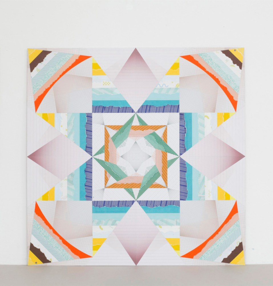 kaleidoscopic tipping over &amp;ndash; trustworthy #243, 2015
various envelope security patterns, graph paper, framed, 2 pieces
28.43 x 28.43 in.&amp;nbsp;each

&amp;nbsp;