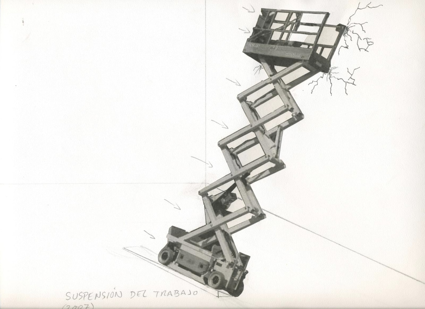 suspensi&amp;oacute;n del trabajo (conducir un andamio neum&amp;aacute;tico sobre una rampa para que caiga sobre la pared del museo), 2007

collage, l&amp;aacute;piz y tinta sobre papel

22 x 30 cm

&amp;nbsp;

&amp;nbsp;
