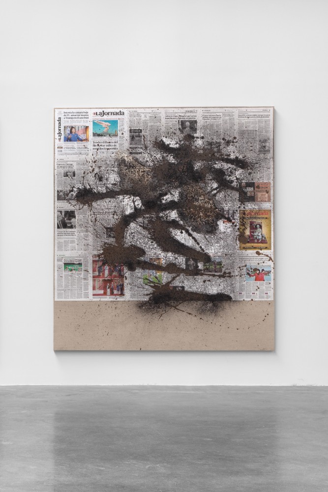 Rirkrit Tiravanija, untitled 2022 (january 10, 2022), pulque, clay with acrylic and ashes on newspaper on linen