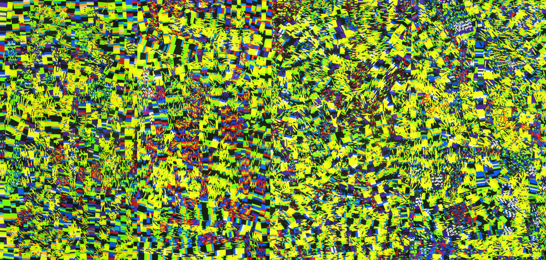 soliloquio de emociones encontradas (soliloquy of mixed emotions), 2011. acrylic and tempera on hand-cut mattress fabric strips glued with vinyl adhesive on canvas, 94 1/2 x 189 in (240 &amp;times; 480 cm). &amp;copy; marta minuj&amp;iacute;n