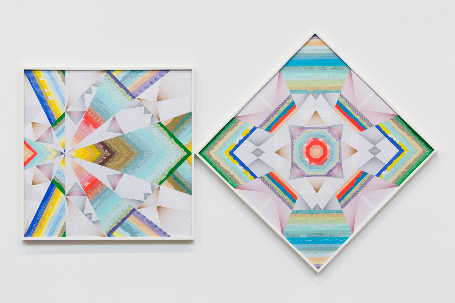 kaleidoscopic tipping over in asymmetry &amp;ndash; trustworthy #241, 2015

various envelope security patterns, graph paper, framed, 2 pieces

40.24 x 40.24 in.&amp;nbsp;each