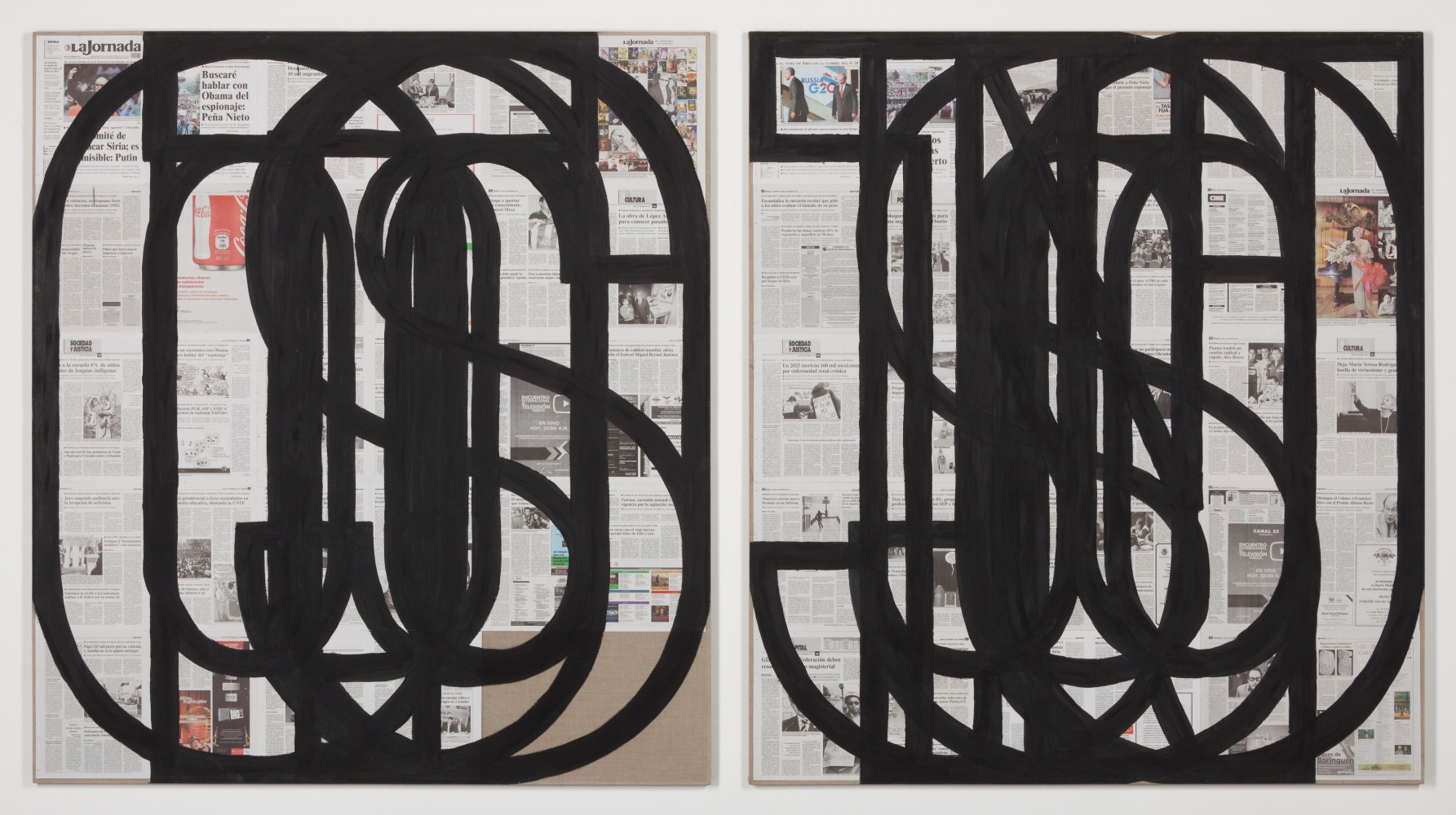 untitled 2013 (todos juntos / jueves 5 y viernes 6 de septiembre de 2013), 2013
encaustic and newspaper on linen, set of two
75.31 x 68.03 in.&amp;nbsp;each

&amp;nbsp;